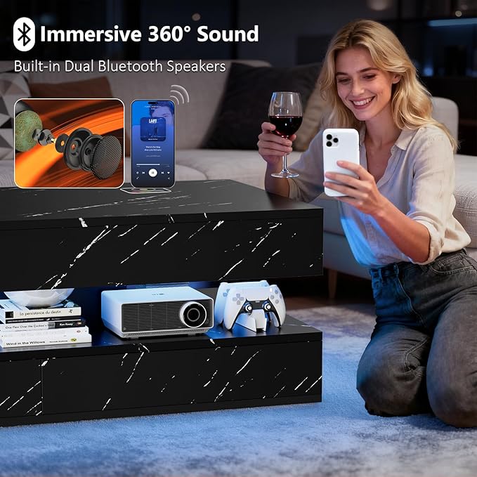 LED Coffee Table, 47.2" Coffee Tables with Storage Drawers, Smart Living Room Table with Wireless Charging & Bluetooth Speaker,Modern Center Tables for Living Room, Black Marble