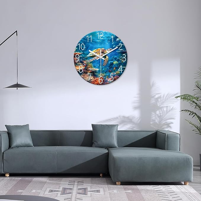 XNM 20 Inch Large Wall Clocks Battery Operated Glass Sea Turtle Ocean Clocks for Living Room Decor Blue Silent Wall Clock No Ticking