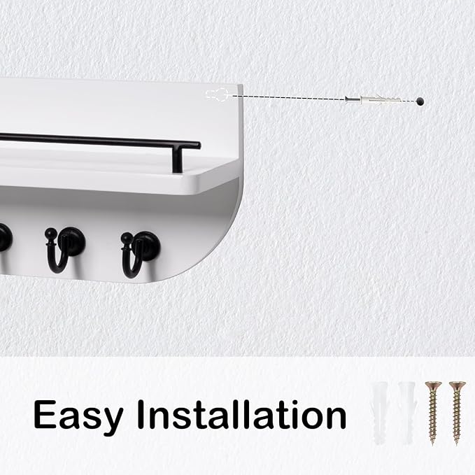 Key Holder for Wall, Decorative Key and Mail Organizer with 6 Sturdy Metal Hooks and Floating Shelf, 14 Inches Wood Wall Mounted Key Rack for Entryway, White and Black