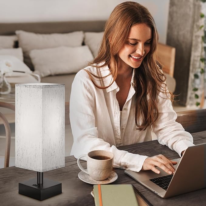 Small Bedside Lamp, Mini Minimalist Table Lamp with Square Flaxen Fabric Shade, 11 Inch Desk Reading Lamp for Bedroom, Living Room, Office, 2 Pack