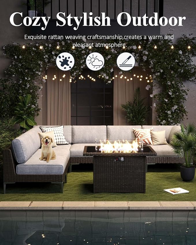 LayinSun 6-Piece Outdoor Modular Wicker Sectional Sofa with Fire Pit Table, Patio Furniture Conversation Set with Deep Seating and Thick Cushions