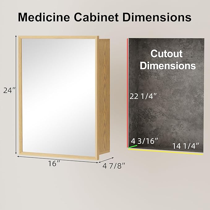 16x24 Inch Wood Medicine Cabinet with Mirror, Surface or Recessed Mounted Bathroom Cabinets with Adjustable Shelves, Soft-Close Hinges, Wall Mounted Cabinet for Storage, Oak-Grain