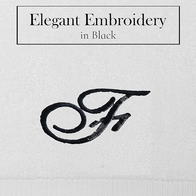 White Monogrammed Hand Towels for Bathroom - Luxury Hotel Quality Personalized Initial Embroidered Towel for Powder Room, Spa - GOTS Organic Certified - Set of 2 Black Letter F