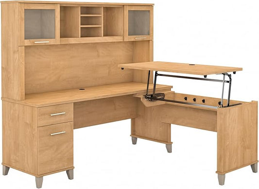 Bush Furniture Somerset 72W 3 Position Sit to Stand L Shaped Desk with Hutch in Maple Cross | Adjustable Height Table for Office
