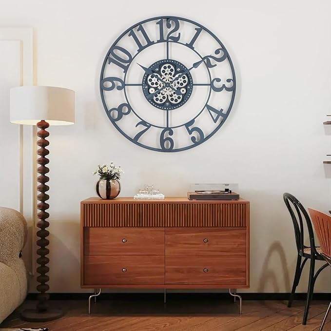 29 Inch Large Wall Clocks for Living Room Decor with Moving Gears,Large Wall Clock Industrial Steampunk,Oversized Metal Analog Wall Clocks for Farmhouse Home Battery Operated