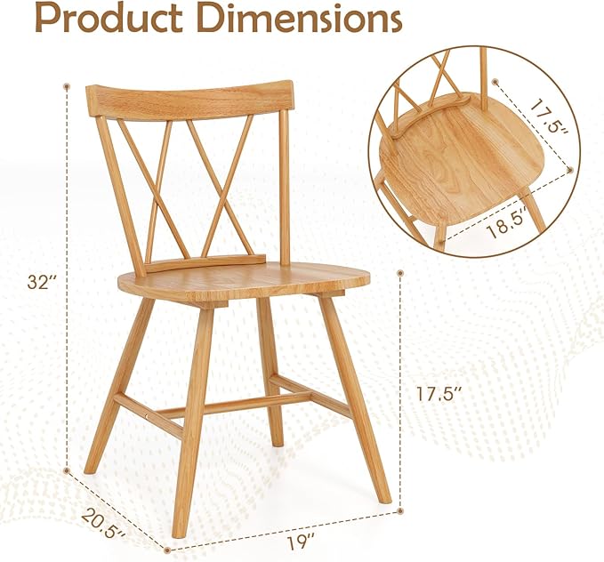 Giantex Windsor Dining Chairs Set of 2, Farmhouse Wooden Kitchen Chairs w/Cross Back, Wide Seat, Rubber Wood Frame, Armless Side Chairs for Kitchen, Dining Room, Living Room, Restaurant, Natural