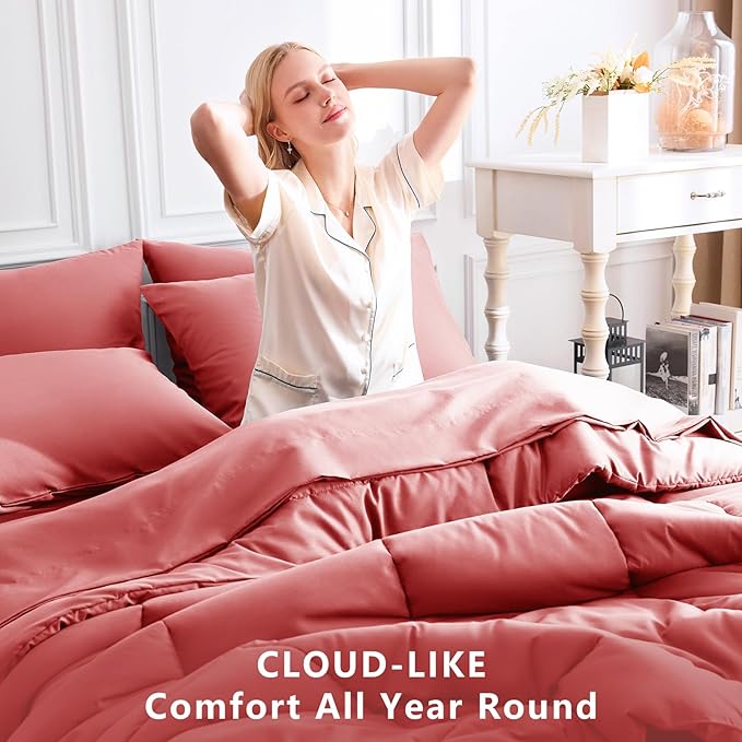 CozyLux King Size Comforter Set Coral, 7 Pieces Bed in a Bag, Coral Comforter King Size, All Season Bedding Sets with Stitch Quilted Comforter, Flat Sheet, Fitted Sheet, Pillowcases