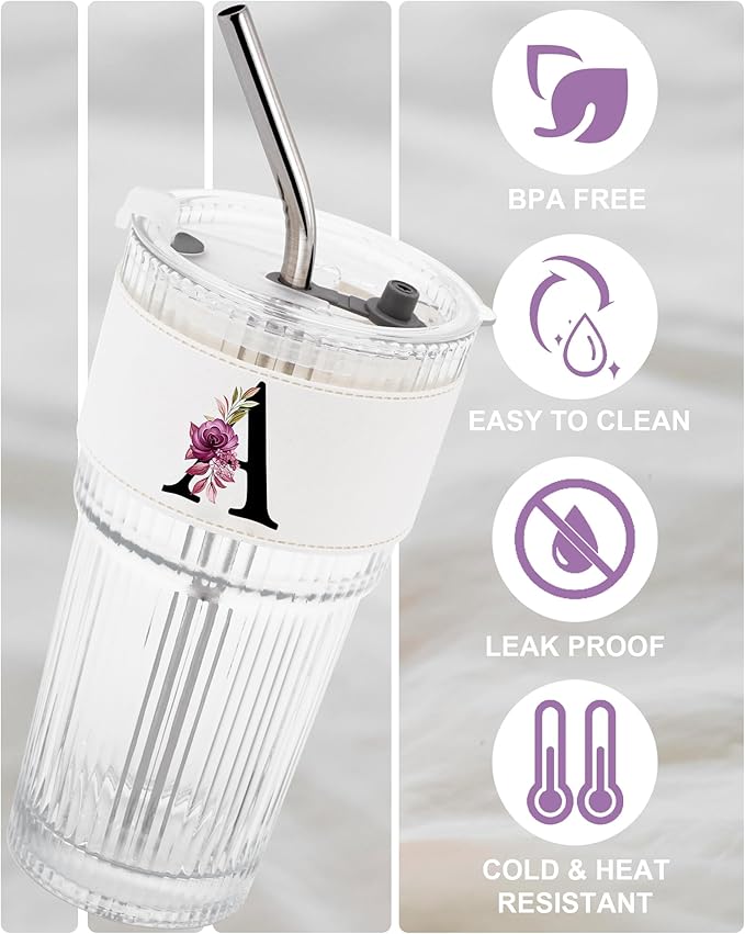 Initial Glass Straw Ribbed Cup with Lid Ice Tea Coffee Matcha Latte Tumbler Women Her Sister Girlfriend Gf Aunt Best Friend Friendship Bestie Wife Cute Asthetic Unique Birthday Personalized Gift A