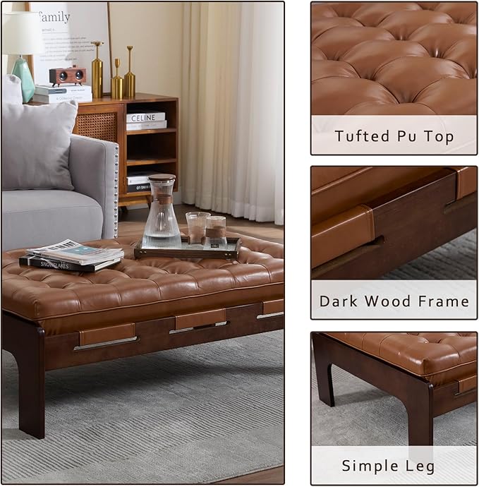 Kmax Coffee Table, 48 Inch Leather Ottoman Coffee Table Rectangular Upholstered Dark Wood Center Table Tufted Tea Table, Oversized Footrest Stool for Living Room - PU, Brown