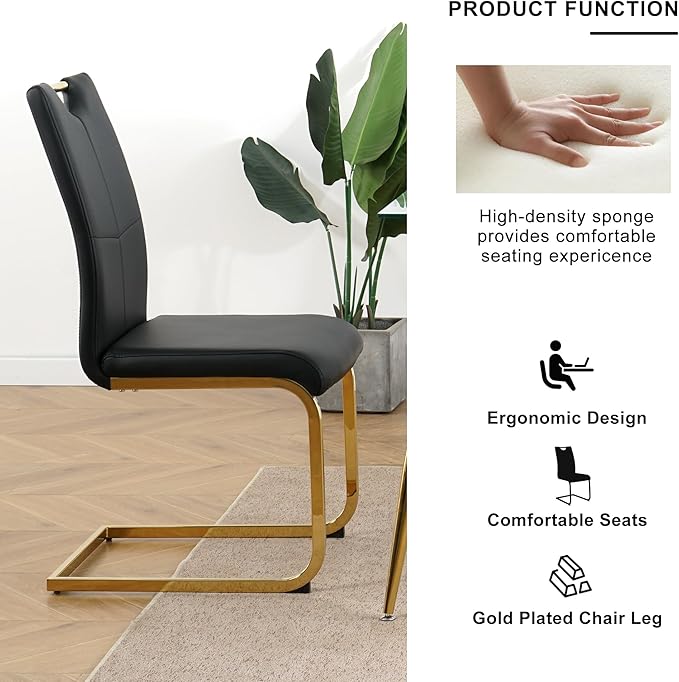 Goujxcy Gold Dining Table Set for 4, Glass Kitchen Table with Chair Set, Modern 51" Rectangle Glass Dining Table and 4 Black PU Leather Chairs with Metal Frame for Kitchen Dining Room