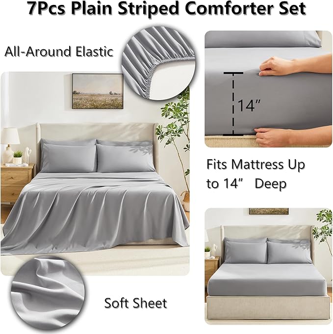 CozyLux Full Size Comforter Sets Grey, 7 Pieces Bed in a Bag, Gray Comforter Full Size, All Season Bedding Sets with Stitch Quilted Comforter, Flat Sheet, Fitted Sheet, Pillowcases