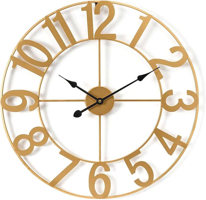 Sorbus 24-Inch Large Wall Clock – Decorative Gold Metal Clock with Black Hands – Silent, Battery Operated, Modern Wall Decor for Living Room, Kitchen, or Office – Great Gift for Housewarming or Office