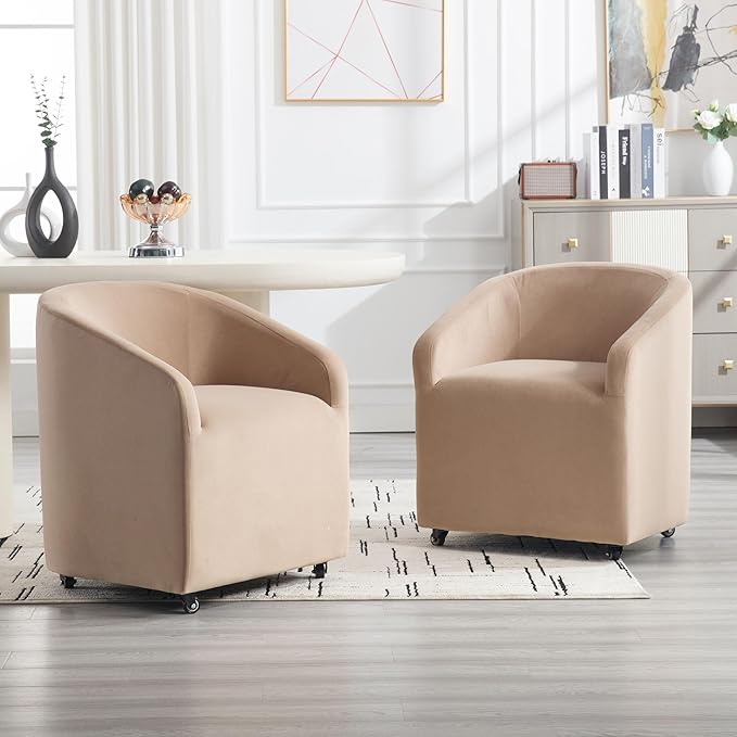 Khaki Barrel Dining Room Chairs with Swivel Casters Set of 2 Velvet Upholstered Modern Dining Chairs with Arms Back Accent Side Chairs for Living Reading Room Kitchen Bedroom