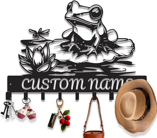 Custom Frog Key Holder for Wall Entryway, Personalized Metal Name Sign with Hooks Coat Rack & Dog Leash Holder, Decorative Wall Hanger Organizer (Style-1)