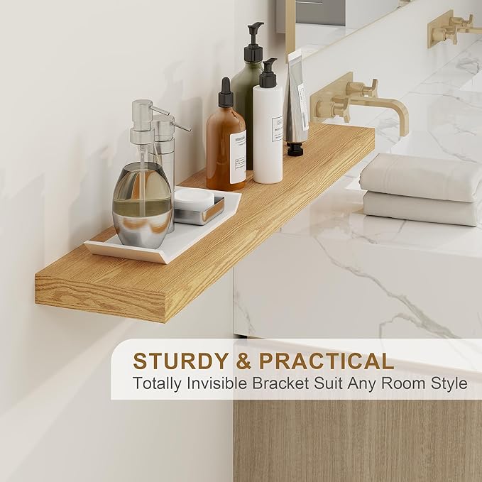 Fun Memories Floating Shelves for Wall, 48Inch Floating Shelves Set of 2, Hanging Shelf with Invisible Brackets, Wood Shelves for Living Room, Bedroom, Kitchen, Oak