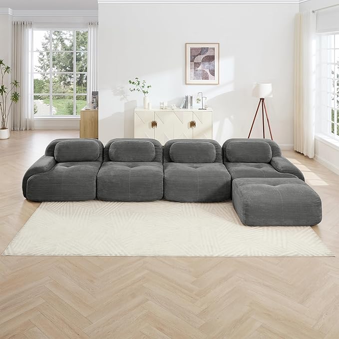 152" Modern Compressed Boneless Couch with Ottoman, 4 Seater Large L Shaped Sectional Couches for Living Room, Gray Corduroy Cloud Modular Sectional Sofa, Memory Foam, Extra Deep, No Assembly