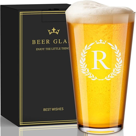 Personalized Beer Glasses Gifts for Men, 16 oz Pint Glasses Monogrammed A-Z Drinking Glass Cups Customized Gift, Unique Christmas Anniversary Birthday Gifts for Men Him Dad Brother Husband Grandpa (R)