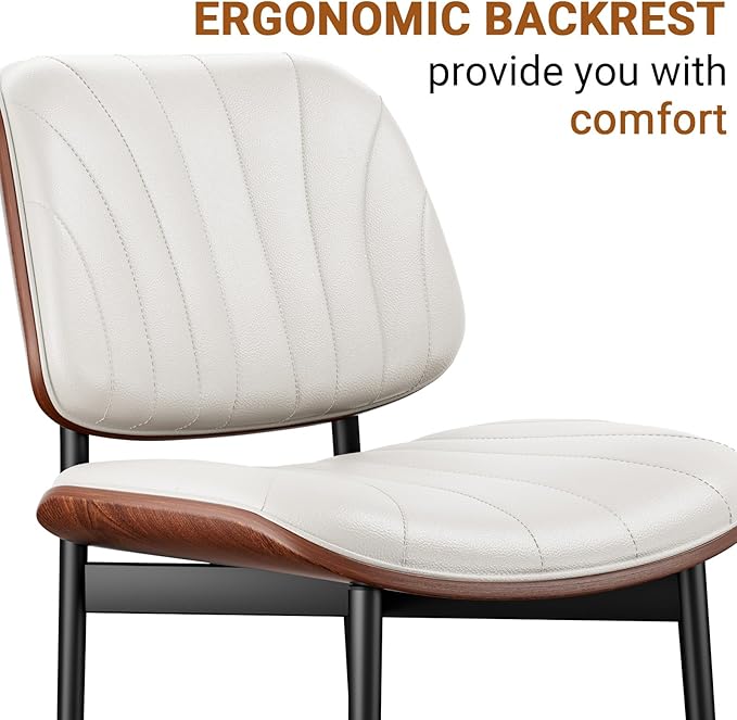 Dining Chairs Set of 8, Mid-Century Modern Upholstered PU Leather Chairs with Walnut Bentwood Back and Metal Legs Adjustable Feet for Kitchen Dining Room, Off-White Shell Strips