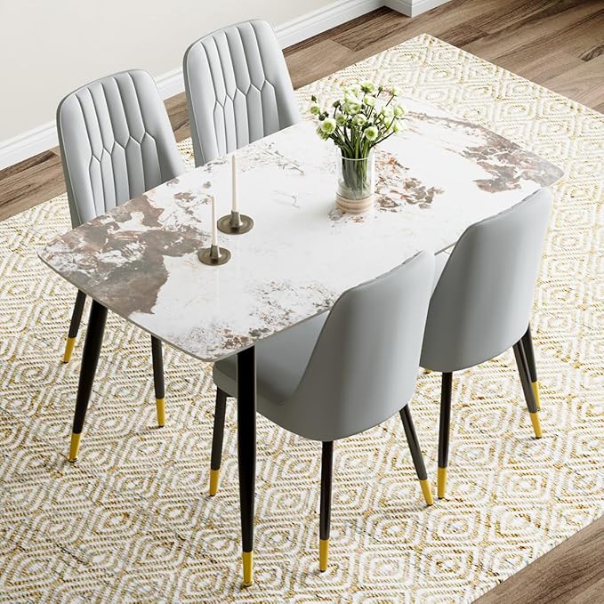 Small Dining Table Set for 4，50'' Sintered Stone Dining Table with 4 Chairs, Easy to Assemble，Suitable for Small Spaces
