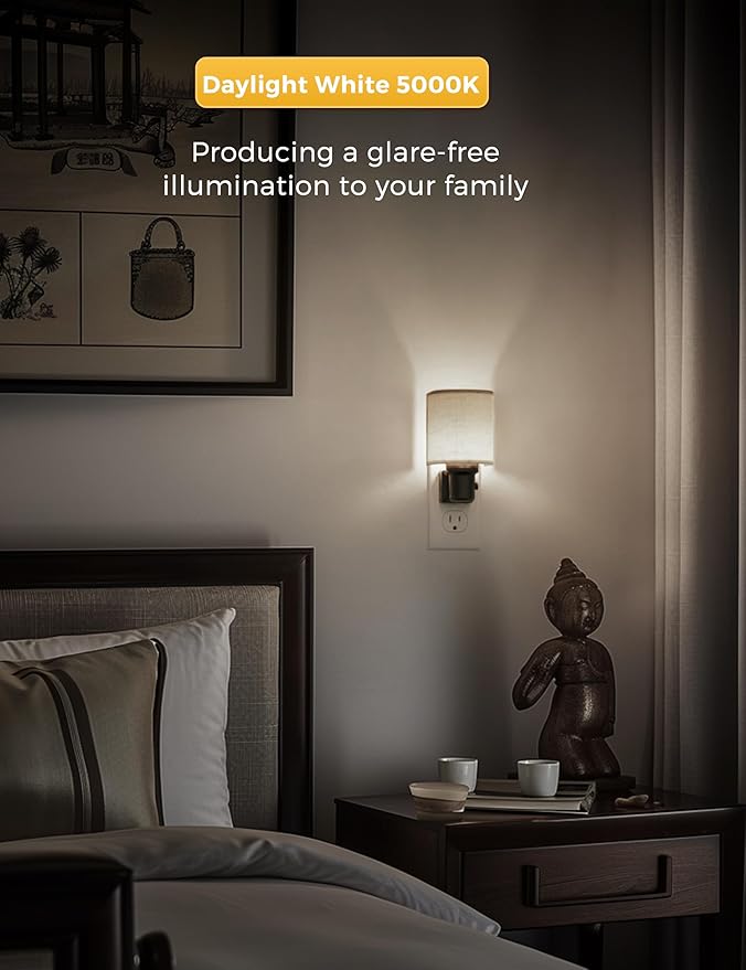 L LOHAS LED Bright Night Lights Plug into Wall, Plug in Night Light Dimmable, Daylight White, Decorative Nightlights Plug in Wall, Light Sensor, Linen Fabric Nightlight for Hallway Kitchen, 2 Pack