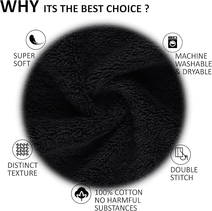 Quick-Dry, Soft & High Absorbent Washcloths Towels 13"x13" Cotton Turkish Bath Towel Set of 4 | Daily Use 100% Cotton Towels for Bathroom Gym & More | Bathroom Towels Set (4 Pcs, Black)