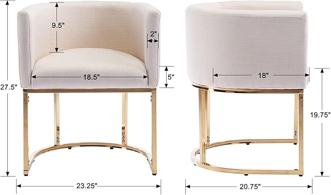 Linen Fabric Dining Chair Modern Barrel Arm Chairs with Golden Frame, Upholstered Kitchen Chairs 18.5" Wide Accent Chair for Living Room Dining Room Restaurant, Cream