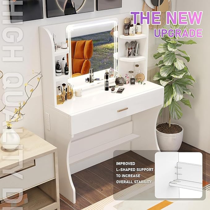 Vanity Desk, Makeup Vanity with LED Light Mirror, Small White Vanity with a Super Large Drawer and Power Outlet, 3 Color Lighting Modes Makeup Table for Bedroom, Dressing Room (White2)