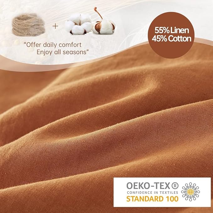 Simple&Opulence French Linen Duvet Cover Set 88" x 92"- 5 Pieces (1 Comforter Cover,4 Pillowcases)- Natural Flax Cotton Blend-Solid Color Breathable Farmhouse Bedding-Rust, Queen