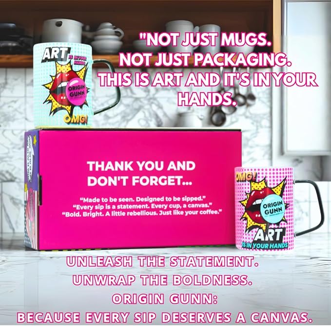 Origin Gunn 17oz Glass Coffee Mugs Set of 2 – Pop Art colorful design, borosilicate glass lightweight cups – dishwasher safe, large coffee mugs gift-ready box for coffee lovers