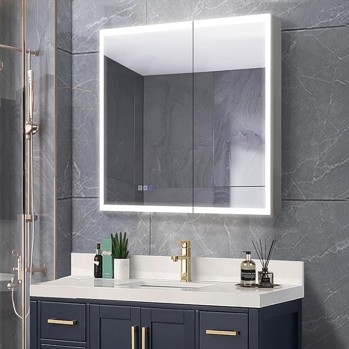 GroGro LED Lighted Bathroom Medicine Cabinet with Mirror,30" W x 30" H Medicine Cabinet with Lights,Surface or Recessed Mounting,Defog,Dimming,3-Color Temperature Adjustment