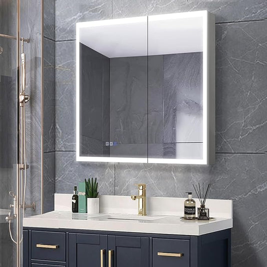 GroGro LED Lighted Bathroom Medicine Cabinet with Mirror,30" W x 30" H Medicine Cabinet with Lights,Surface or Recessed Mounting,Defog,Dimming,3-Color Temperature Adjustment