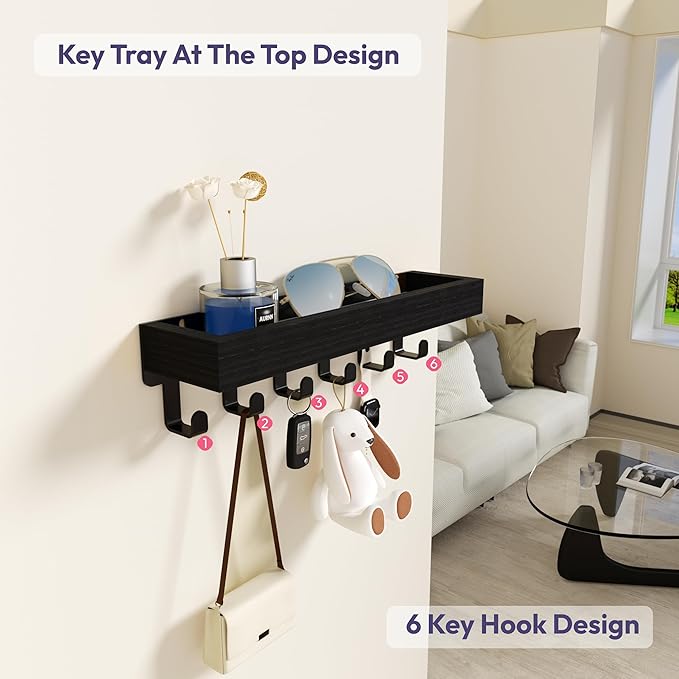 SWTYMIKI Key Holder Wall Mount - Wooden Key Hooks for Wall with Mail Organizer & 6 Hooks, 2 Installation Ways Key Hanger, Key Rack with Shelf for Entryway Living Room Bedroom Office Home Decor Black