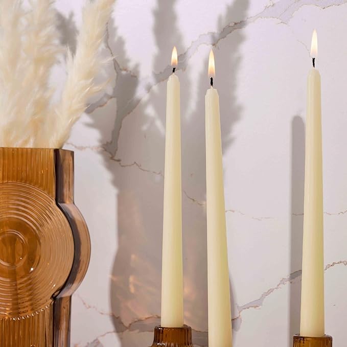 Bask 10-inch Taper Candles - Unscented and Dripless - Burns for 8 Hours - Home Decor for Dinner Table, Kitchen, and Bedroom - Perfect for a Romantic Date or Anniversary - 30-Pack - Ivory