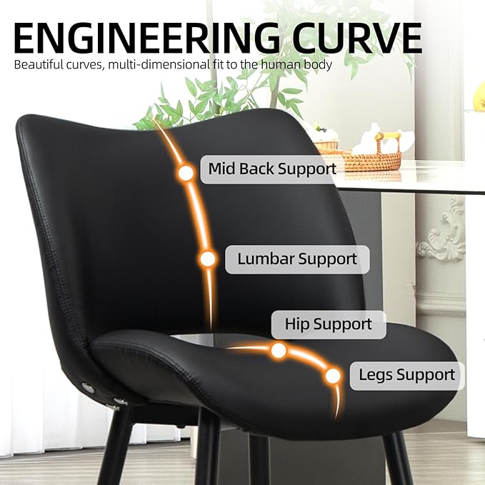 Modern Upholstered Dining Chairs Set of 2 Accent Dinner Chair with Pu Faux Leather and Middle Curved Back for Kitchen Living Room Bedroom (Black)