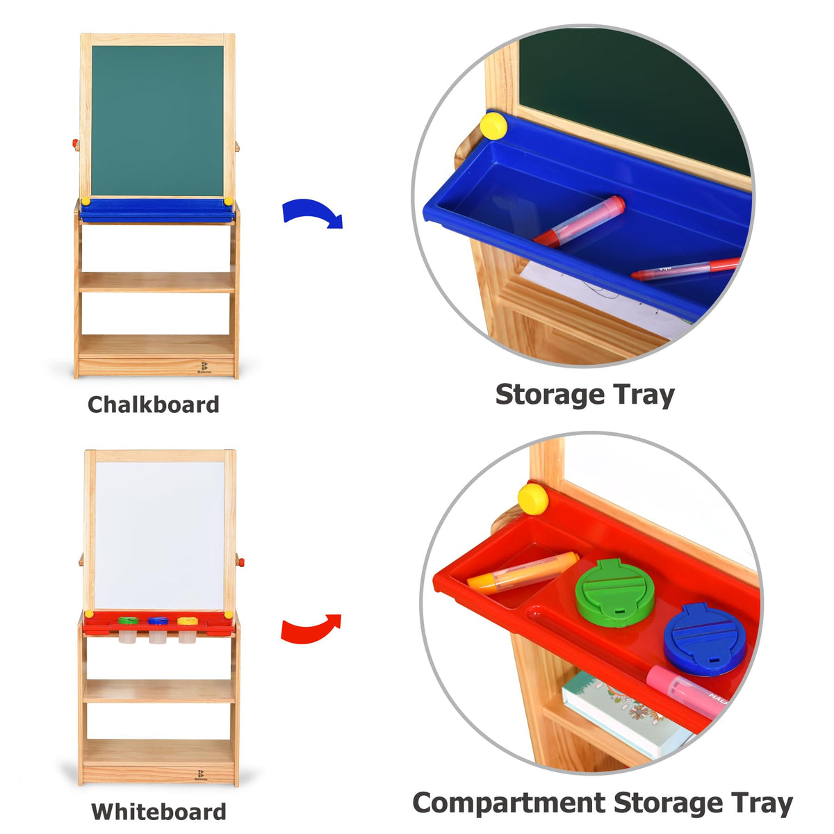 Bolocon Wooden Kids Double-Sided Magnetic Art Easel w/ 2-Tier Storage Shelf