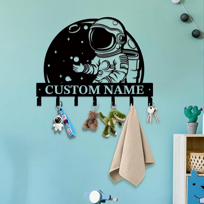 Personalized Custom Astronaut UFO Metal Wall Keys Hooks,Clothes Hooks Astronaut Art coat racks,door holder,Black Astronaut decorations for home,Entrance doors,Hallway, Bedroom,Keys,Hats (Style A)