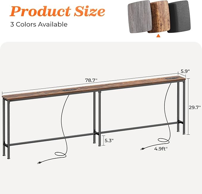 SUPERJARE 79 Inch Sofa Table with 2 Power Outlets and USB-C Ports, 5.9 Inch Narrow Console Table with Storage, Long Entryway Hallway Couch Table Behind Sofa, Small Spaces, Living Room, Rustic Brown