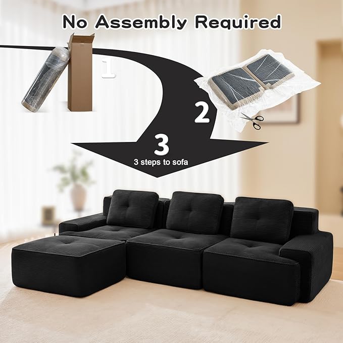 115" Modern Compressed Boneless Couch with Ottoman, 3 Seater Large L Shaped Sectional Couches for Living Room, Black Corduroy Cloud Modular Sectional Sofa, Memory Foam, Extra Deep, No Assembly