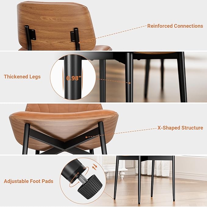 Dining Chairs Set of 4, Dining Room and Kitchen Chairs, Mid Century Modern Accent Chair, Upholstered PU Leather Chairs for Vanity with Walnut Bentwood and Metal Legs, Light Tan