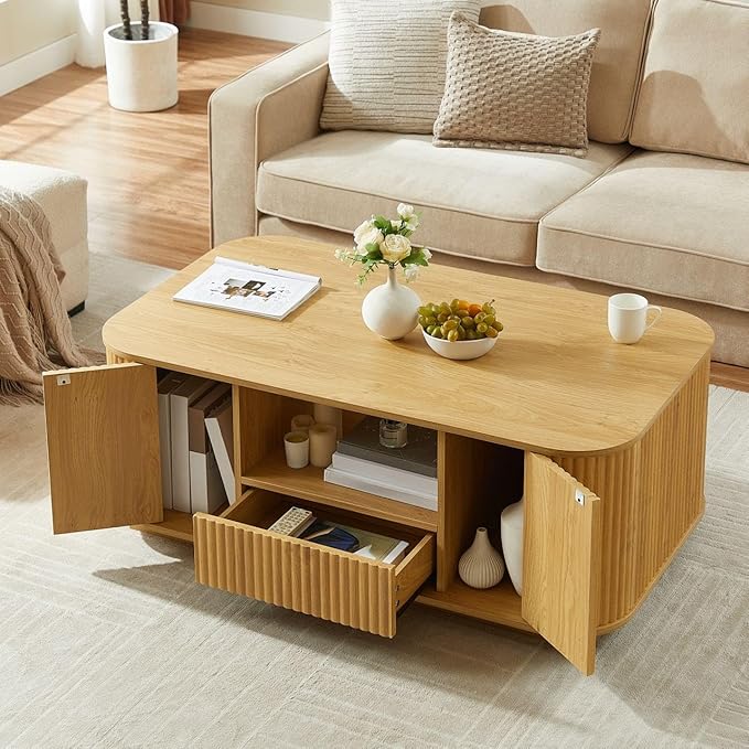 Coffee Table for Living Room, 46.5 Inch Modern Oval Coffee Table with Storage & 2 Drawers, Mid-Century Minimalist Wood Center Table with Hidden Compartments, Adjustable Feet (Black)