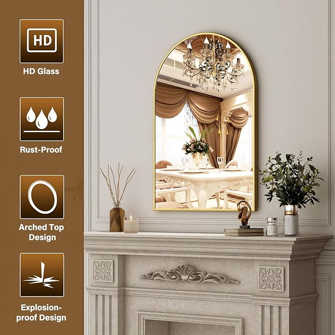 20"x30" Gold Arched Bathroom Mirror - Wall Mirror for Bathroom, Metal Frame Vanity Mirror, Dresser Mirror, Arch Decorative Mirrors for Living Room, Bedroom, Entryway, Mantle