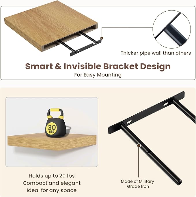 Fun Memories Floating Shelves for Wall - 12 Inch Square Shelves with Invisible Brackets, Small Wall Shelf for Living Room, Bathroom, Bedroom, and Kitchen Decor，Set of 3