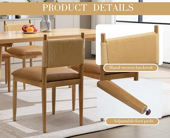 CIMOTA Faux Leather Modern Dining Chairs Set of 6, Mid Century Upholstered Dining Room Chairs with Woven Back, Armless Kitchen Chairs with Natural Solid Wood Legs, PU Brown