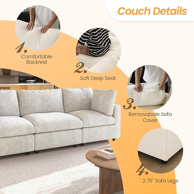 JACH 134" Sectional Couches for Living Room, 4-Seater Convertible Modular Sofa, Cloud Sectional Couch, Sofa Covers Washable, Minimalist Modern Couch for Living Room, Apartment, Beige