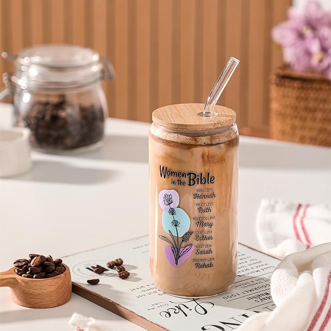 Christian Gifts for Women - Women of the Bible Glass Coffee Tumbler with Straw and Gift Box - 16oz Christian Mug for Mother's Day, Sister, or Bible Lovers