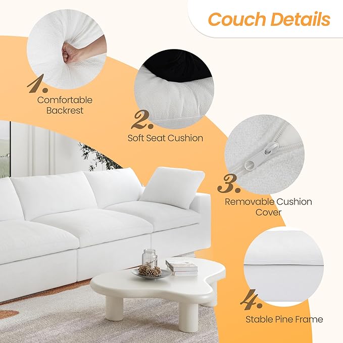 JACH V-Shaped Couch Sectional for Living Room, 5-Seats Modular Convertible Sectional Sofas Couches, Couch Cushion Covers Removable, Cloud Sofa for Living Room, Apartment (White)