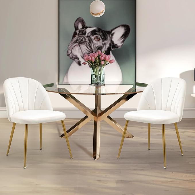 Velvet Dining Chairs Set of 2, Upholstered Mid Century Modern Dining Chairs, Armless Accent Chair with Metal Gold Legs for Living Room, Kitchen, Dining Room, Beige