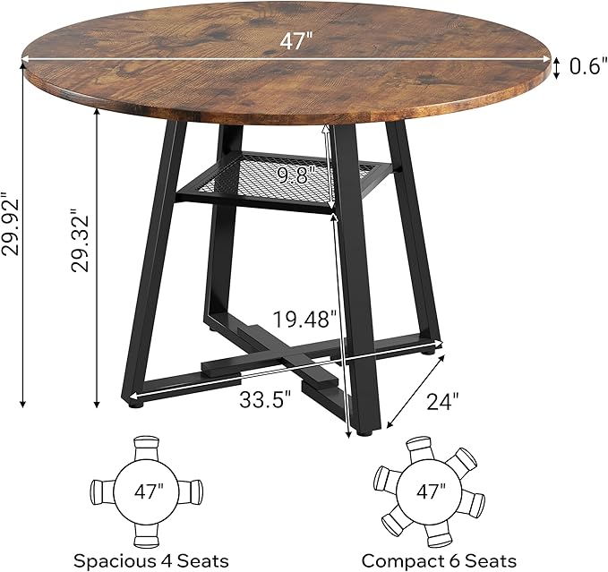 Round Dining Table for 4-6 People,47 Inch Dining Room Table,Modern Circle Kitchen Table with Storage Shelf and Metal Legs for Dining Room,Kitchen,Vintage(Table Only)