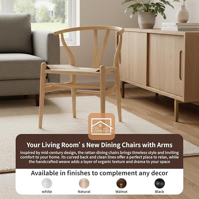 Tomile Wishbone Chair Y Chair, Wooden Dining Chairs Set of 4, Mid Century Modern Chairs with Arms, Solid Wood Weave Seat Kitchen & Dining Room Chairs (Ash Wood - Natural Wood Color)