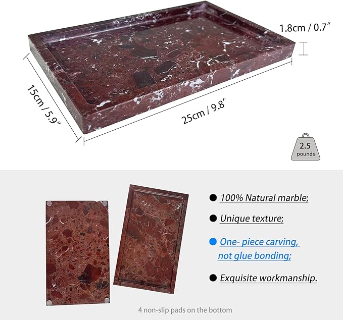 Natural Red Marble Vanity Tray, 9.8"x5.9" Genuine Marble Tray for Bathroom/Kitchen/Dresser (Rosso Levanto)